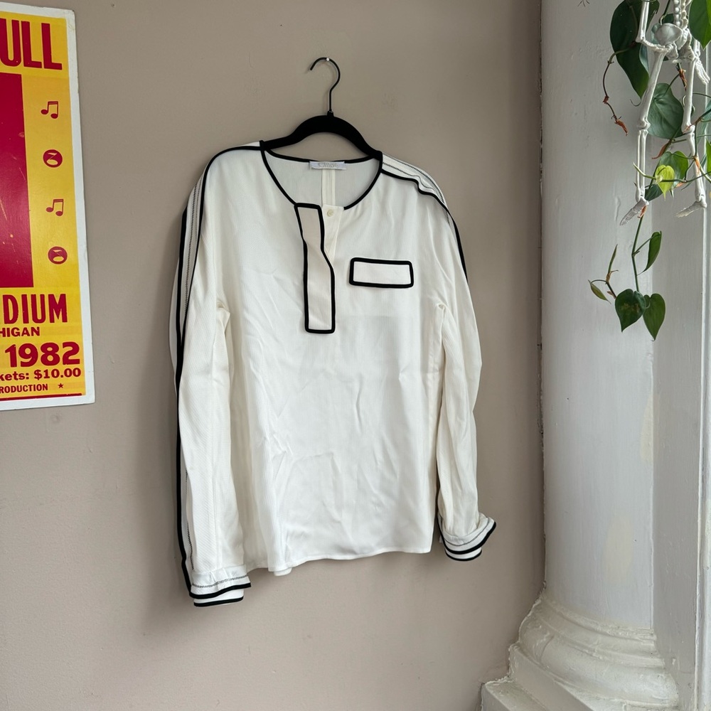 Chloe Cream Blouse Silk Contrast Trim Long sleeve Milk White
